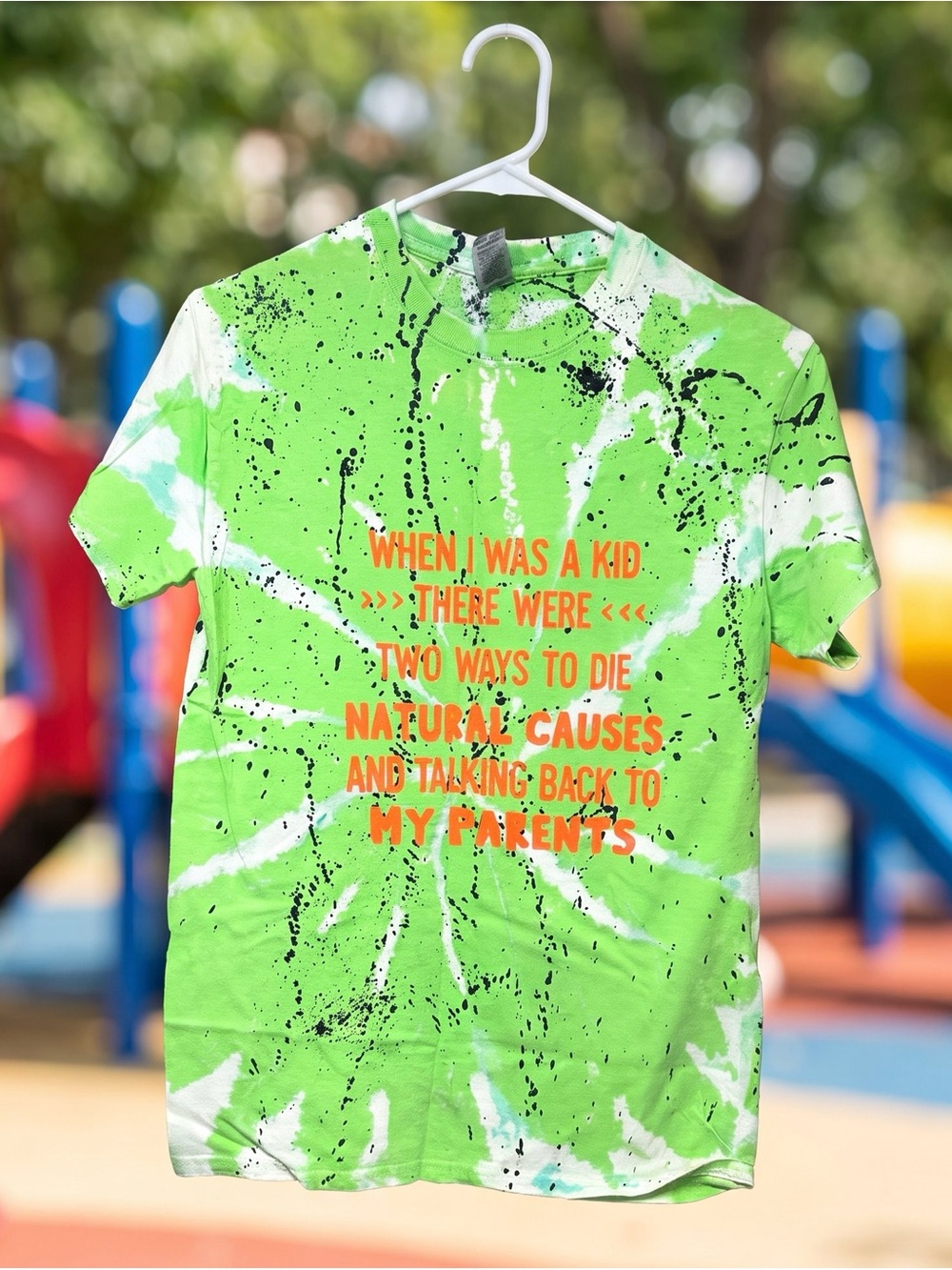 Kids Bright Green Tie-Dye Graphic Tee with Orange Text